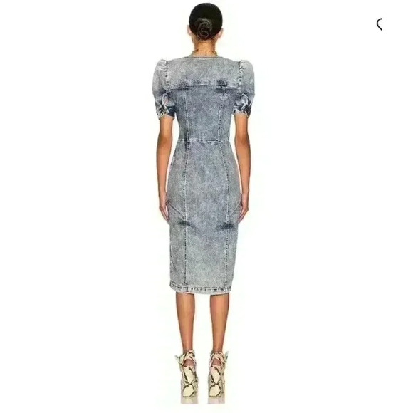 NEW Retrofete Zelda Wrap Dress Sienna Blue Denim V-Neck Puff Sleeve Sz XS - Picture 4 of 15